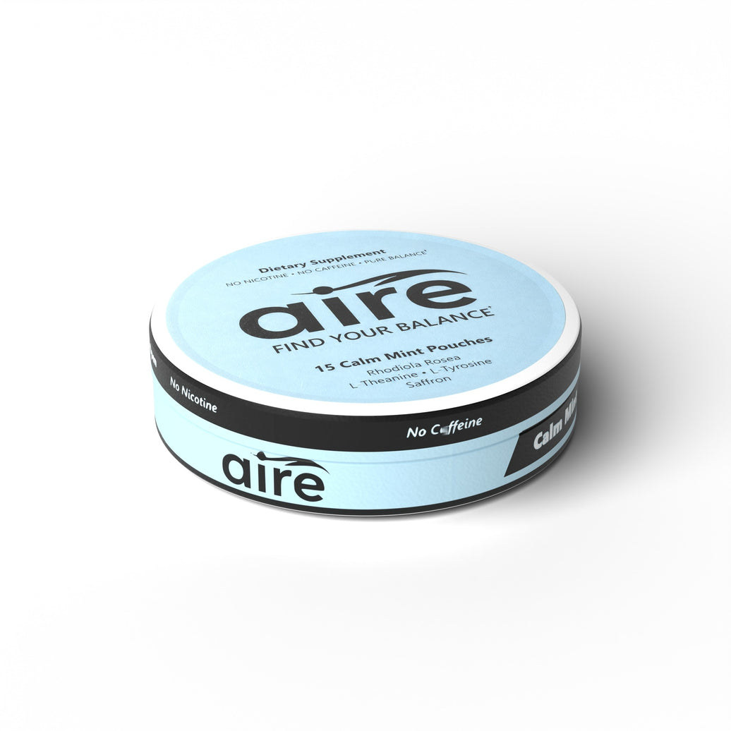 Aire Calm Mint Pouches can — nicotine-free, caffeine-free wellness pouch with Rhodiola Rosea, L-Theanine, L-Tyrosine and Saffron, 15 pouches per can