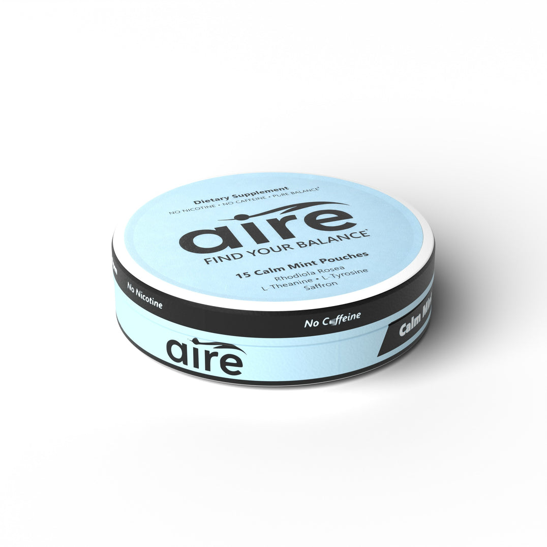 Aire Calm Mint Pouches can — nicotine-free, caffeine-free wellness pouch with Rhodiola Rosea, L-Theanine, L-Tyrosine and Saffron, 15 pouches per can