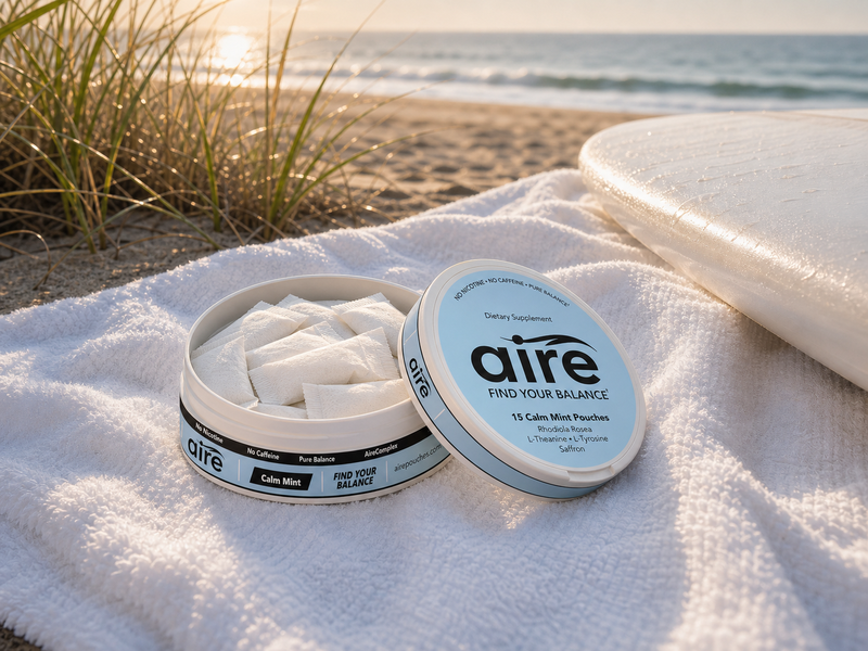 Open Aire can showing white pouches on a towel at the beach beside a surfboard