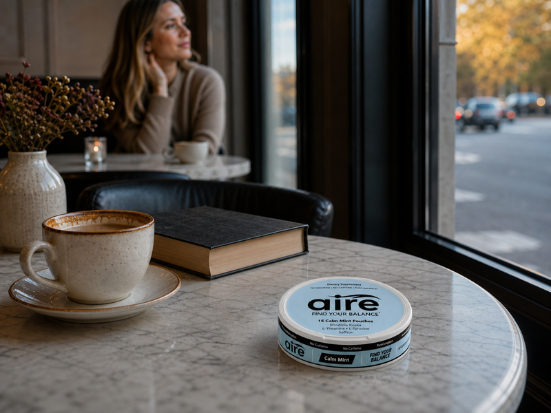 Aire can on a marble cafe table next to a coffee cup and a closed book