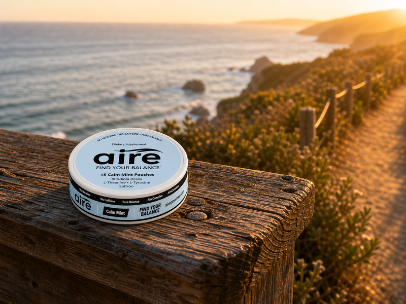 Aire can resting on a weathered wooden rail above a coastal trail at golden hour