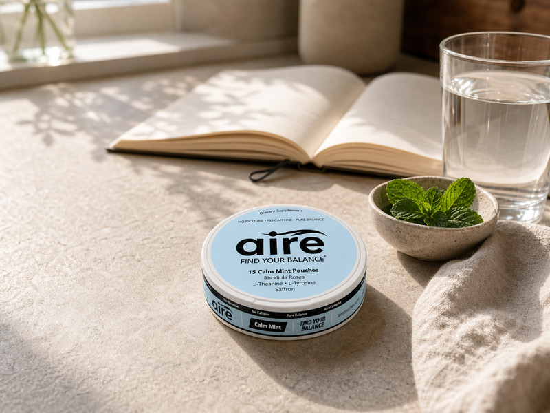 Aire can on a sunlit desk beside an open notebook, fresh mint and a glass of water