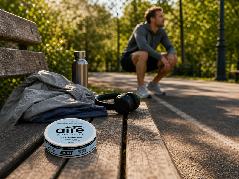 Aire can on a park bench with headphones and a water bottle after a run