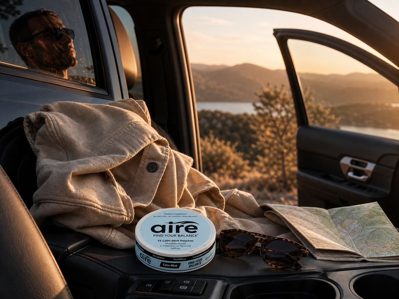 Aire can on a car seat with sunglasses and a paper map, lake and hills at sunset through the door